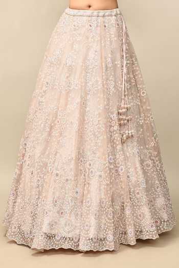 Kalighata_Pink Organza Embroidery, Sequins, Zari, Cut Work Bell Floral Bridal Lehenga Set _Online_at_Aza_Fashions