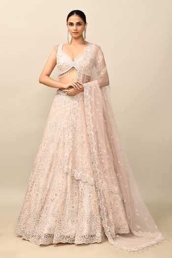 Buy_Kalighata_Pink Organza Embroidery, Sequins, Zari, Cut Work Bell Floral Bridal Lehenga Set _Online_at_Aza_Fashions