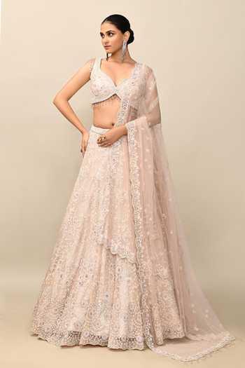 Shop_Kalighata_Pink Organza Embroidery, Sequins, Zari, Cut Work Bell Floral Bridal Lehenga Set _Online_at_Aza_Fashions