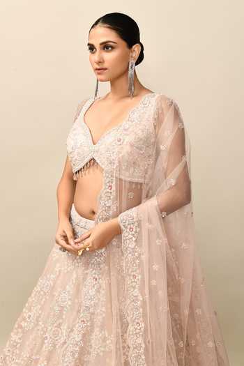 Kalighata_Pink Organza Embroidery, Sequins, Zari, Cut Work Bell Floral Bridal Lehenga Set _at_Aza_Fashions