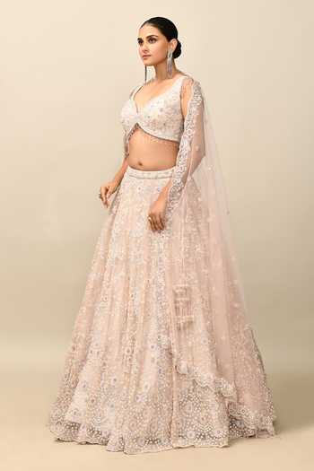Buy_Kalighata_Pink Organza Embroidery, Sequins, Zari, Cut Work Bell Floral Bridal Lehenga Set 