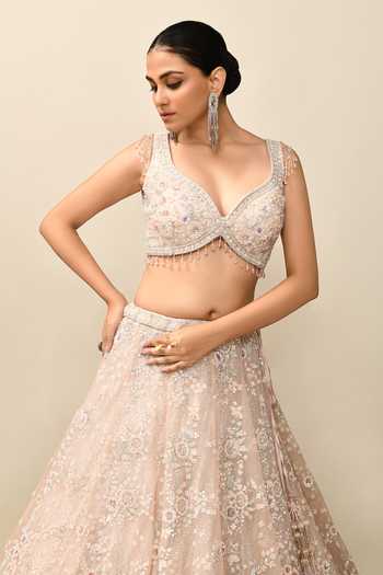 Shop_Kalighata_Pink Organza Embroidery, Sequins, Zari, Cut Work Bell Floral Bridal Lehenga Set 