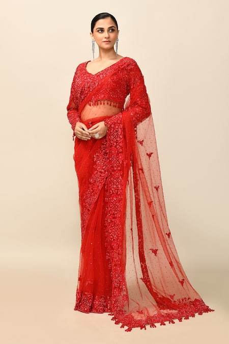 Kalighata_Red Net Embroidery Asymmetric Chantley Cutdana Embellished Saree With Blouse _Online_at_Aza_Fashions