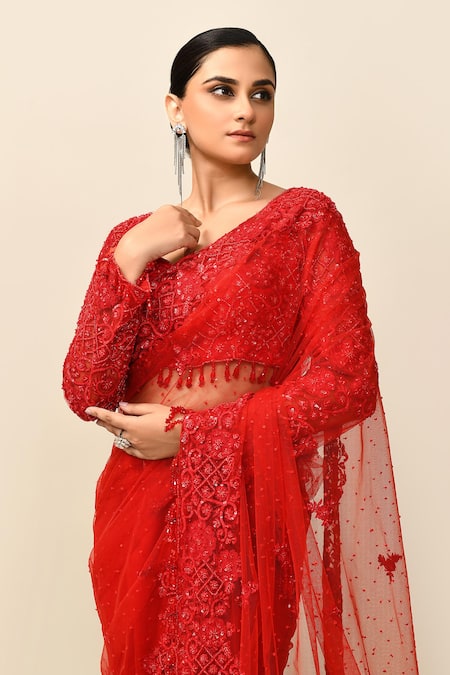 Buy_Kalighata_Red Net Embroidery Asymmetric Chantley Cutdana Embellished Saree With Blouse _Online_at_Aza_Fashions