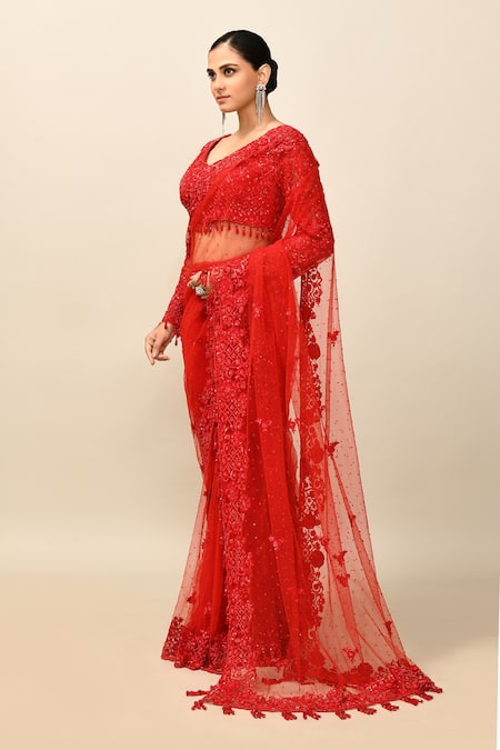 Shop_Kalighata_Red Net Embroidery Asymmetric Chantley Cutdana Embellished Saree With Blouse _Online_at_Aza_Fashions