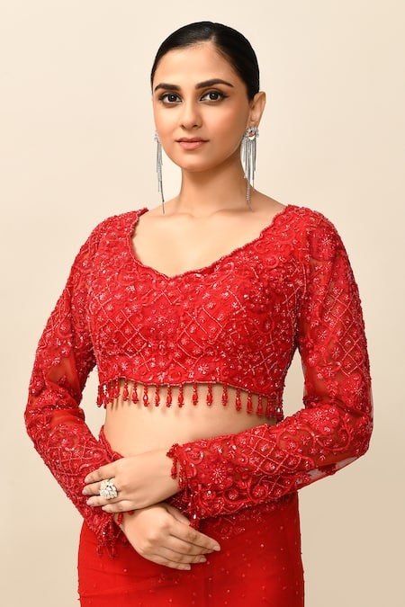 Buy_Kalighata_Red Net Embroidery Asymmetric Chantley Cutdana Embellished Saree With Blouse 