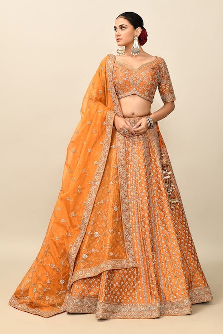 Kalighata_Orange Silk, Chiffon Cut Work, Sequins, Charvi Embroidered Bridal Lehenga Set _Online_at_Aza_Fashions