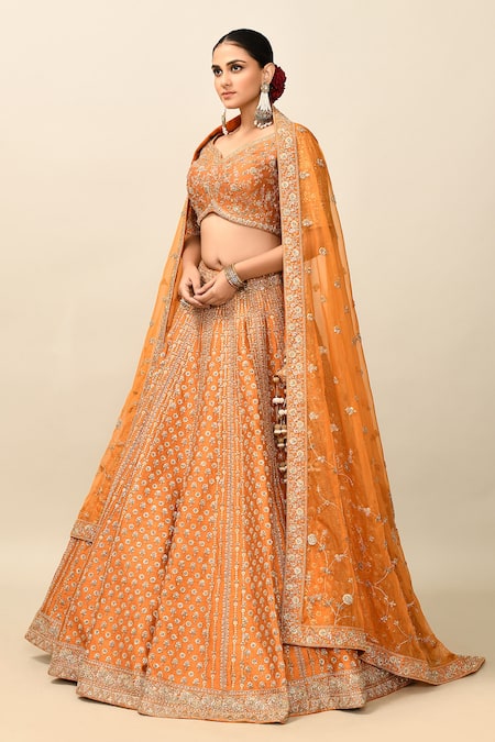 Buy_Kalighata_Orange Silk, Chiffon Cut Work, Sequins, Charvi Embroidered Bridal Lehenga Set _Online_at_Aza_Fashions