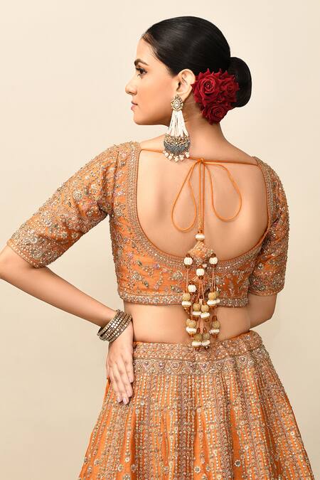 Shop_Kalighata_Orange Silk, Chiffon Cut Work, Sequins, Charvi Embroidered Bridal Lehenga Set _Online_at_Aza_Fashions