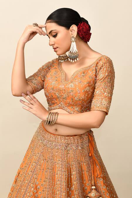 Buy_Kalighata_Orange Silk, Chiffon Cut Work, Sequins, Charvi Embroidered Bridal Lehenga Set 