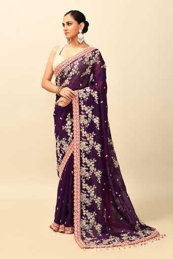 Kalighata_Purple Organza Crystals, Embroidery Asymmetric Cutdana Border Saree With Blouse _Online_at_Aza_Fashions