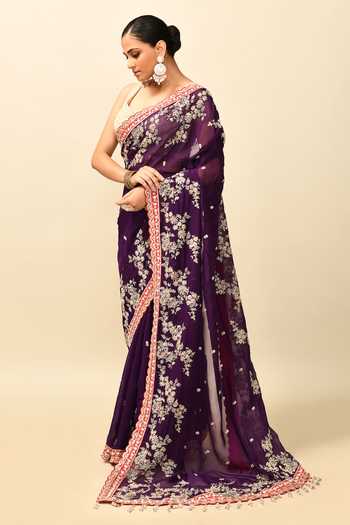 Shop_Kalighata_Purple Organza Crystals, Embroidery Asymmetric Cutdana Border Saree With Blouse _Online_at_Aza_Fashions
