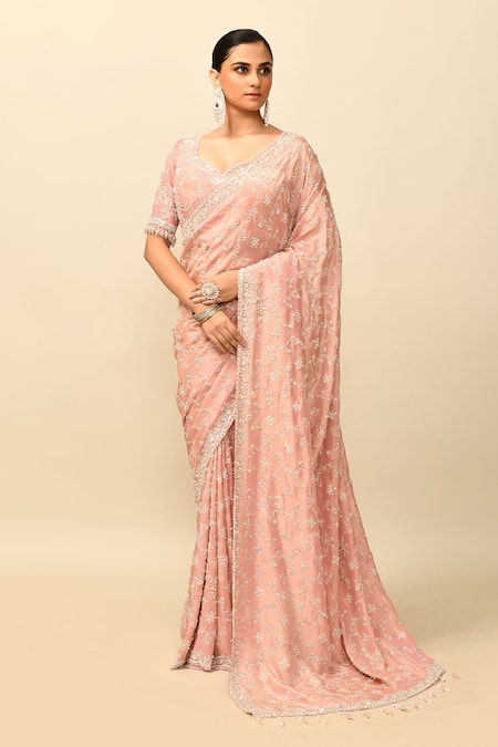 Kalighata_Pink Tissue Crystals Sweetheart Neck Fairy Cutdana Embroidered Saree With Blouse _Online_at_Aza_Fashions