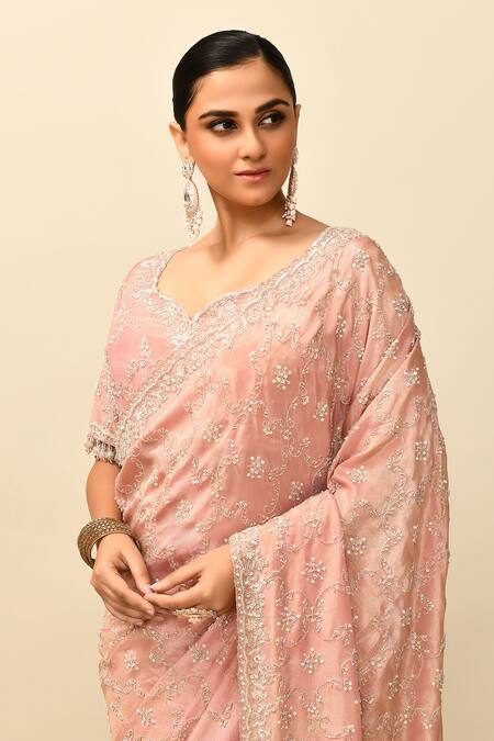 Buy_Kalighata_Pink Tissue Crystals Sweetheart Neck Fairy Cutdana Embroidered Saree With Blouse _Online_at_Aza_Fashions