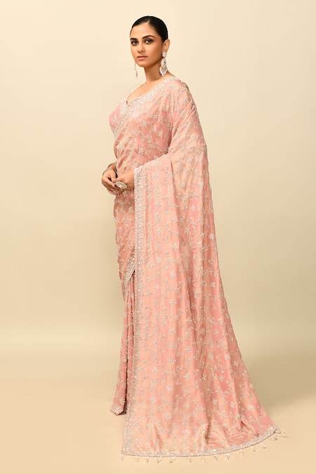 Shop_Kalighata_Pink Tissue Crystals Sweetheart Neck Fairy Cutdana Embroidered Saree With Blouse _Online_at_Aza_Fashions