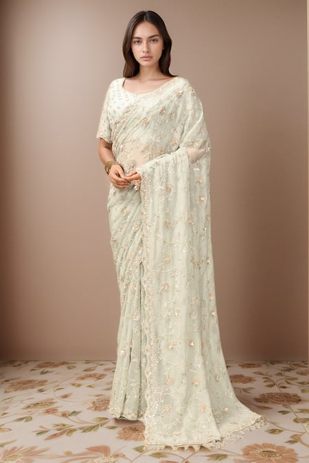 Kalighata Kareena Sequin Floral Embroidered Saree With Blouse 