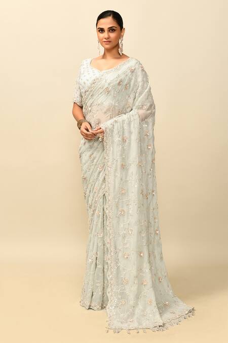 Kalighata_Blue Organza Sequins, Cut Work, Embroidery Kareena Floral Saree With Blouse _Online_at_Aza_Fashions