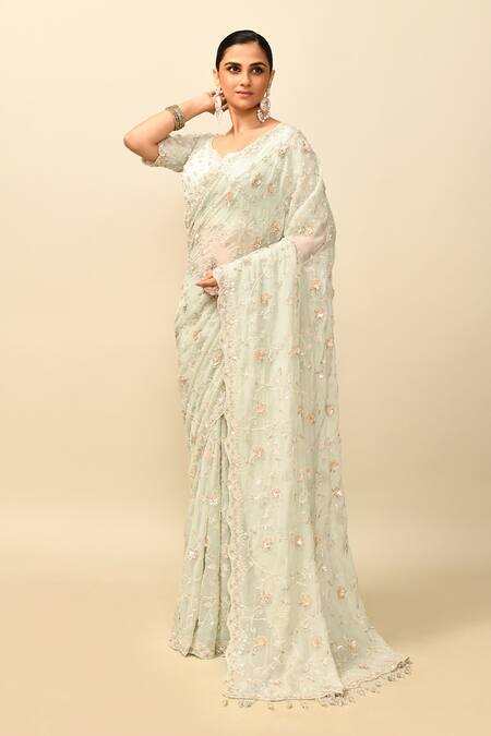 Buy_Kalighata_Blue Organza Sequins, Cut Work, Embroidery Kareena Floral Saree With Blouse _Online_at_Aza_Fashions