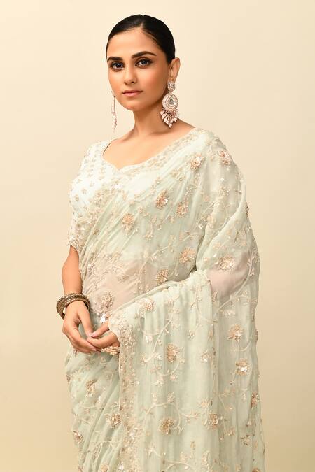 Shop_Kalighata_Blue Organza Sequins, Cut Work, Embroidery Kareena Floral Saree With Blouse _Online_at_Aza_Fashions