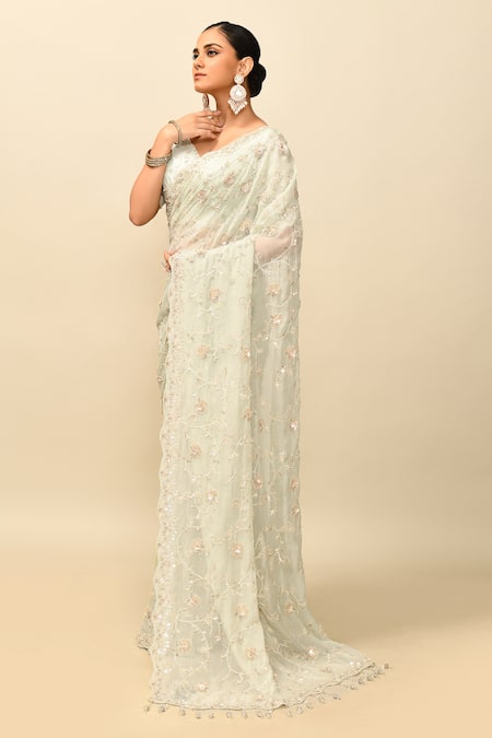 Kalighata_Blue Organza Sequins, Cut Work, Embroidery Kareena Floral Saree With Blouse _at_Aza_Fashions
