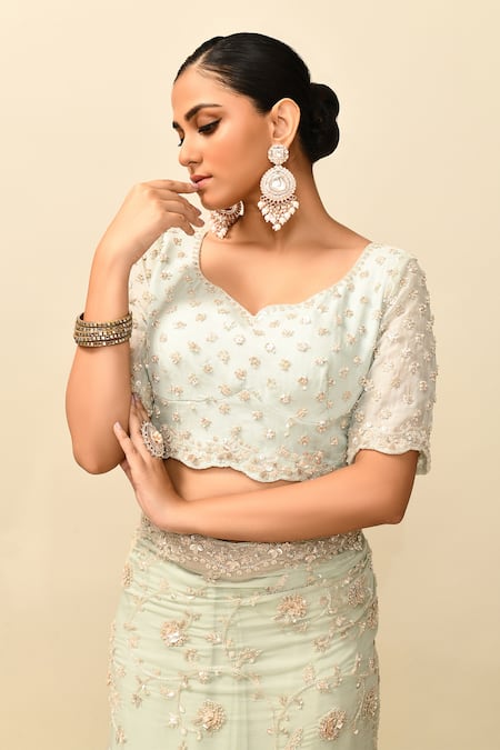 Shop_Kalighata_Blue Organza Sequins, Cut Work, Embroidery Kareena Floral Saree With Blouse 