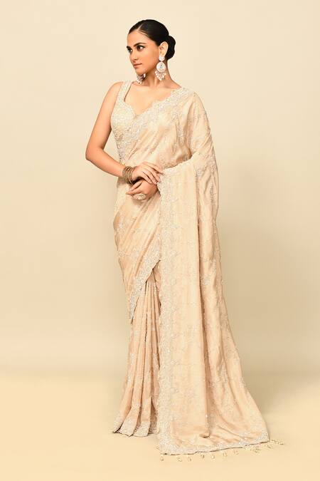 Kalighata_Gold Tissue Crystals, Natasha Floral Cutwork Border Saree With Blouse _Online_at_Aza_Fashions