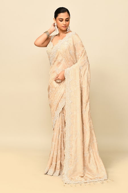 Buy_Kalighata_Gold Tissue Crystals, Natasha Floral Cutwork Border Saree With Blouse _Online_at_Aza_Fashions