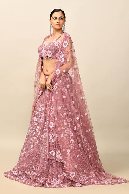 Shop_Kalighata_Purple Organza Embroidery, Crystals, Zari, Merlin Rose Bridal Lehenga Set _Online_at_Aza_Fashions
