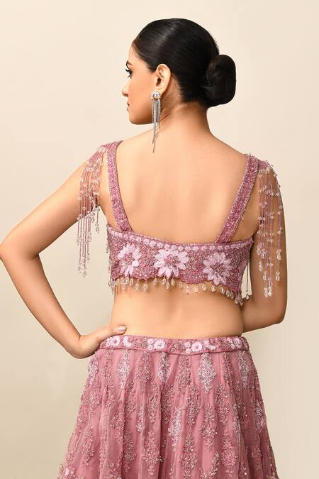 Kalighata_Purple Organza Embroidery, Crystals, Zari, Merlin Rose Bridal Lehenga Set _at_Aza_Fashions