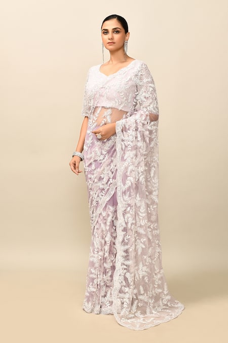 Kalighata_Purple Net Embroidery Asymmetric Floral Thread Saree With Blouse _Online_at_Aza_Fashions