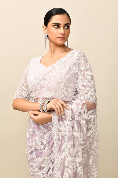 Buy_Kalighata_Purple Net Embroidery Asymmetric Floral Thread Saree With Blouse _Online_at_Aza_Fashions