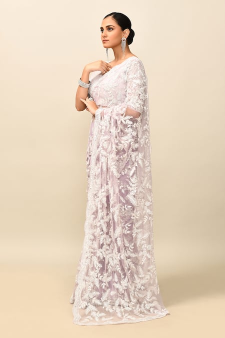 Shop_Kalighata_Purple Net Embroidery Asymmetric Floral Thread Saree With Blouse _Online_at_Aza_Fashions