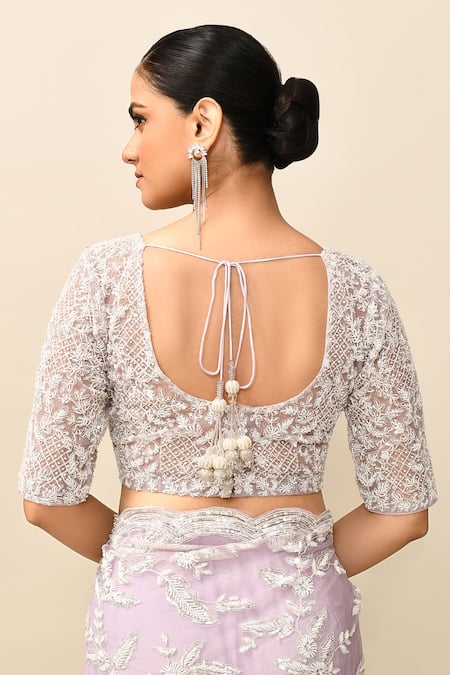 Kalighata_Purple Net Embroidery Asymmetric Floral Thread Saree With Blouse _at_Aza_Fashions