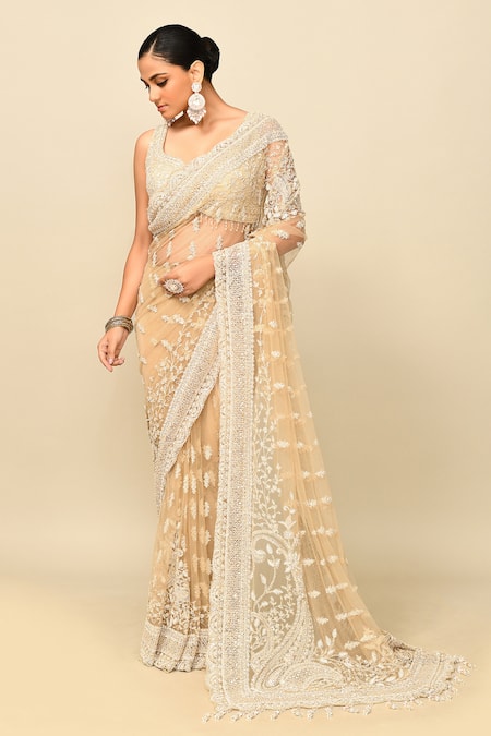 Kalighata_Gold Net Tassels, Crystals, Zari, Vanya Floral Embroidered Saree With Blouse _Online_at_Aza_Fashions
