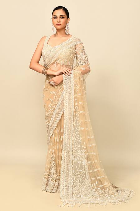 Buy_Kalighata_Gold Net Tassels, Crystals, Zari, Vanya Floral Embroidered Saree With Blouse _Online_at_Aza_Fashions