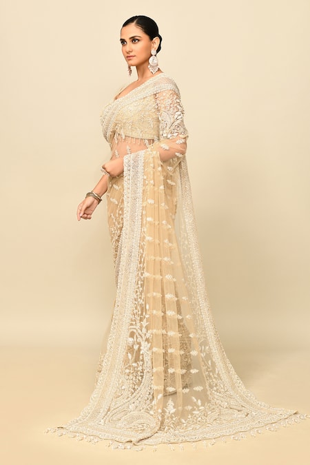 Kalighata_Gold Net Tassels, Crystals, Zari, Vanya Floral Embroidered Saree With Blouse _at_Aza_Fashions