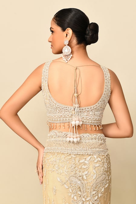 Shop_Kalighata_Gold Net Tassels, Crystals, Zari, Vanya Floral Embroidered Saree With Blouse 