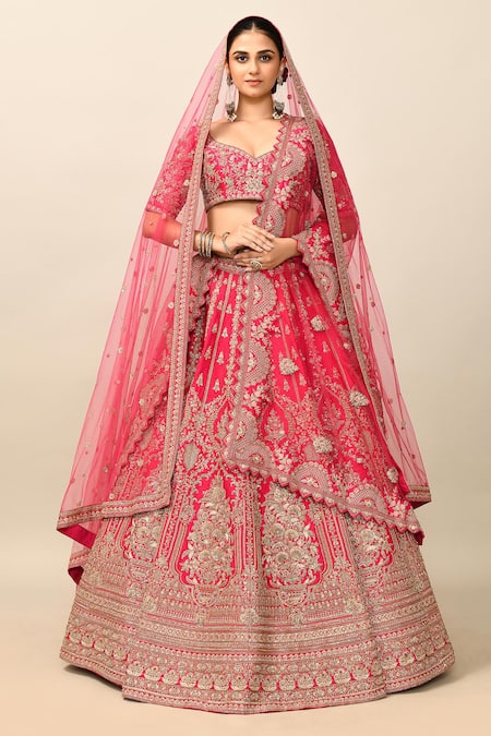 Buy_Kalighata_Pink Silk, Chiffon Sequins, Cut Alamjeb Resham Embroidered Bridal Lehenga Set _Online_at_Aza_Fashions