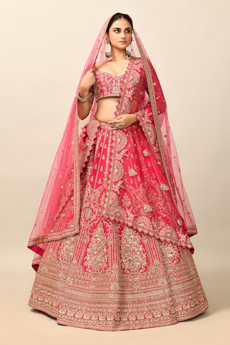 Shop_Kalighata_Pink Silk, Chiffon Sequins, Cut Alamjeb Resham Embroidered Bridal Lehenga Set _Online_at_Aza_Fashions