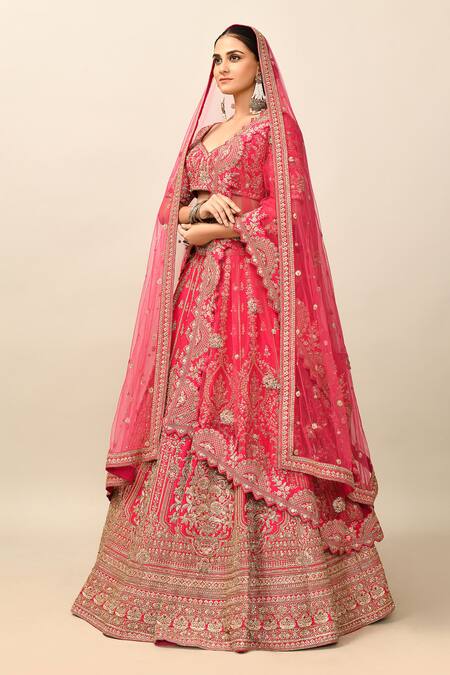 Buy_Kalighata_Pink Silk, Chiffon Sequins, Cut Alamjeb Resham Embroidered Bridal Lehenga Set 