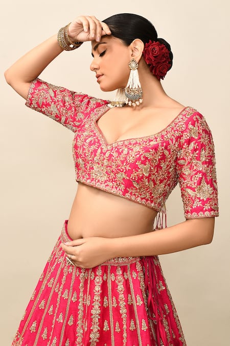 Shop_Kalighata_Pink Silk, Chiffon Sequins, Cut Alamjeb Resham Embroidered Bridal Lehenga Set 