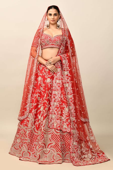 Kalighata_Red Silk, Satin, Net Zari, Sequins Persia Embroidered Bridal Lehenga Set _Online_at_Aza_Fashions