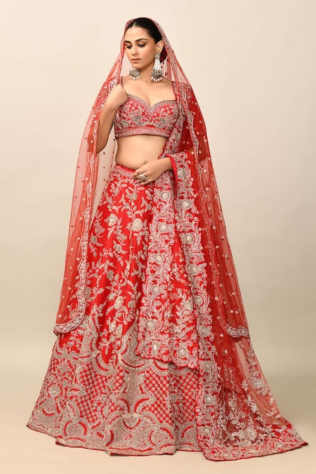 Buy_Kalighata_Red Silk, Satin, Net Zari, Sequins Persia Embroidered Bridal Lehenga Set _Online_at_Aza_Fashions