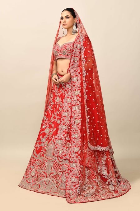 Kalighata_Red Silk, Satin, Net Zari, Sequins Persia Embroidered Bridal Lehenga Set _at_Aza_Fashions