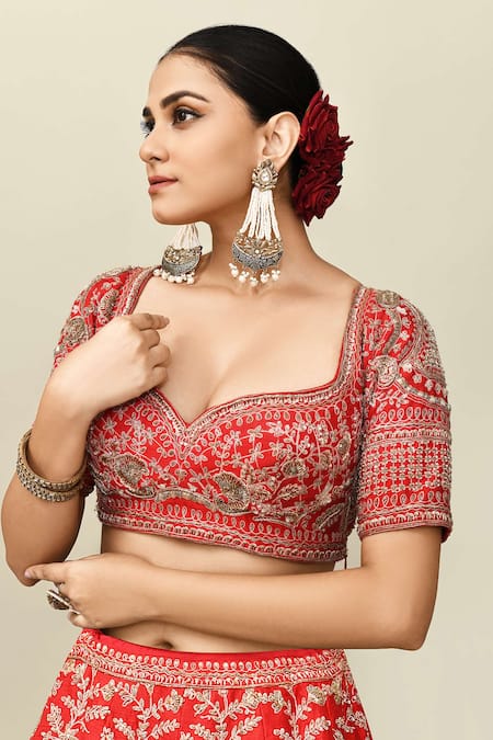 Buy_Kalighata_Red Silk, Satin, Net Zari, Sequins Persia Embroidered Bridal Lehenga Set 