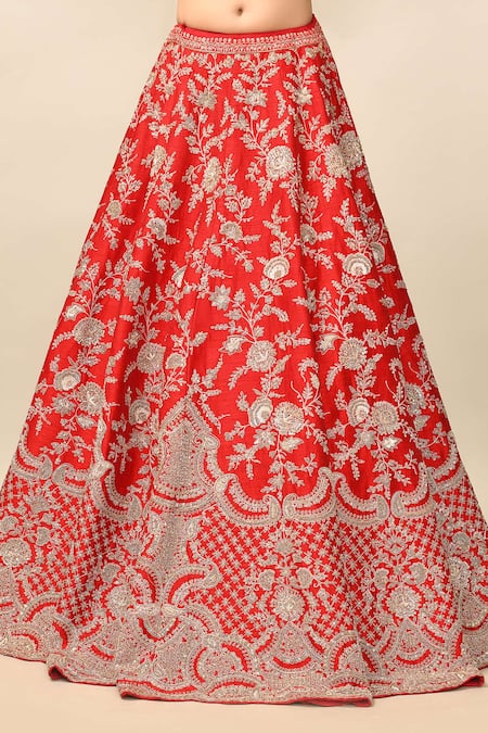 Shop_Kalighata_Red Silk, Satin, Net Zari, Sequins Persia Embroidered Bridal Lehenga Set 