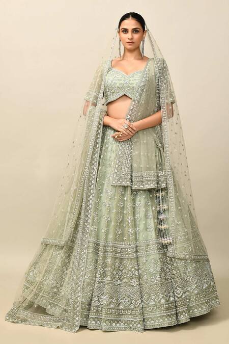 Kalighata_Green Organza Cut Work, Sequins Romania Cutdana Embroidered Bridal Lehenga Set _Online_at_Aza_Fashions