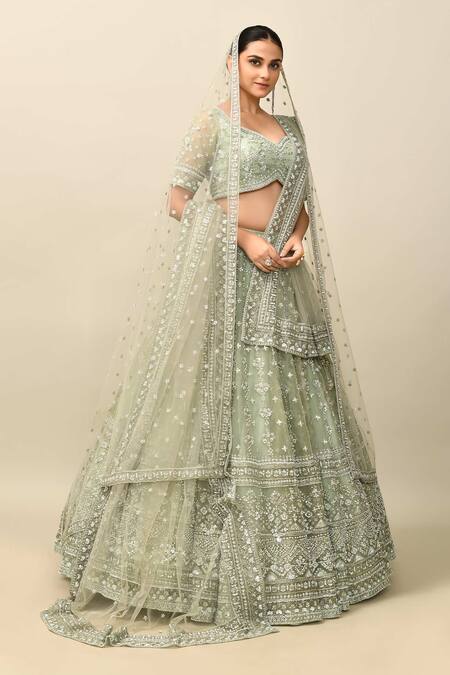 Shop_Kalighata_Green Organza Cut Work, Sequins Romania Cutdana Embroidered Bridal Lehenga Set _Online_at_Aza_Fashions