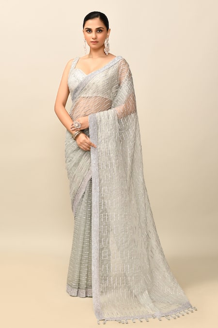 Kalighata_Grey Organza Sequins Sweetheart Neck Stripe Embroidered Saree With Blouse _Online_at_Aza_Fashions
