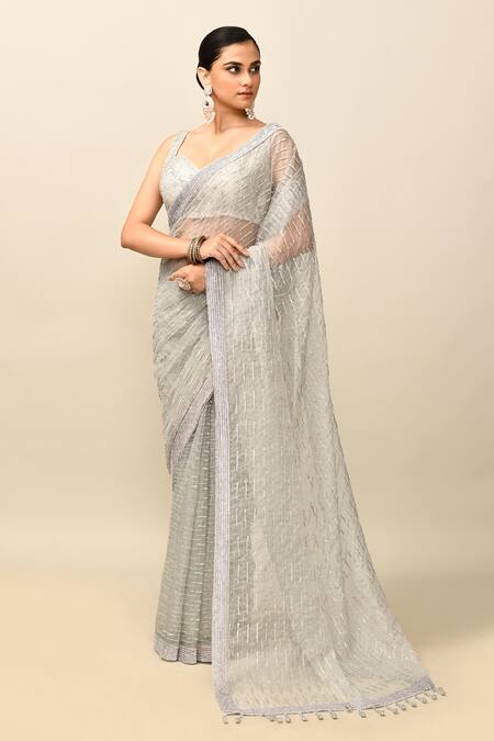 Buy_Kalighata_Grey Organza Sequins Sweetheart Neck Stripe Embroidered Saree With Blouse _Online_at_Aza_Fashions